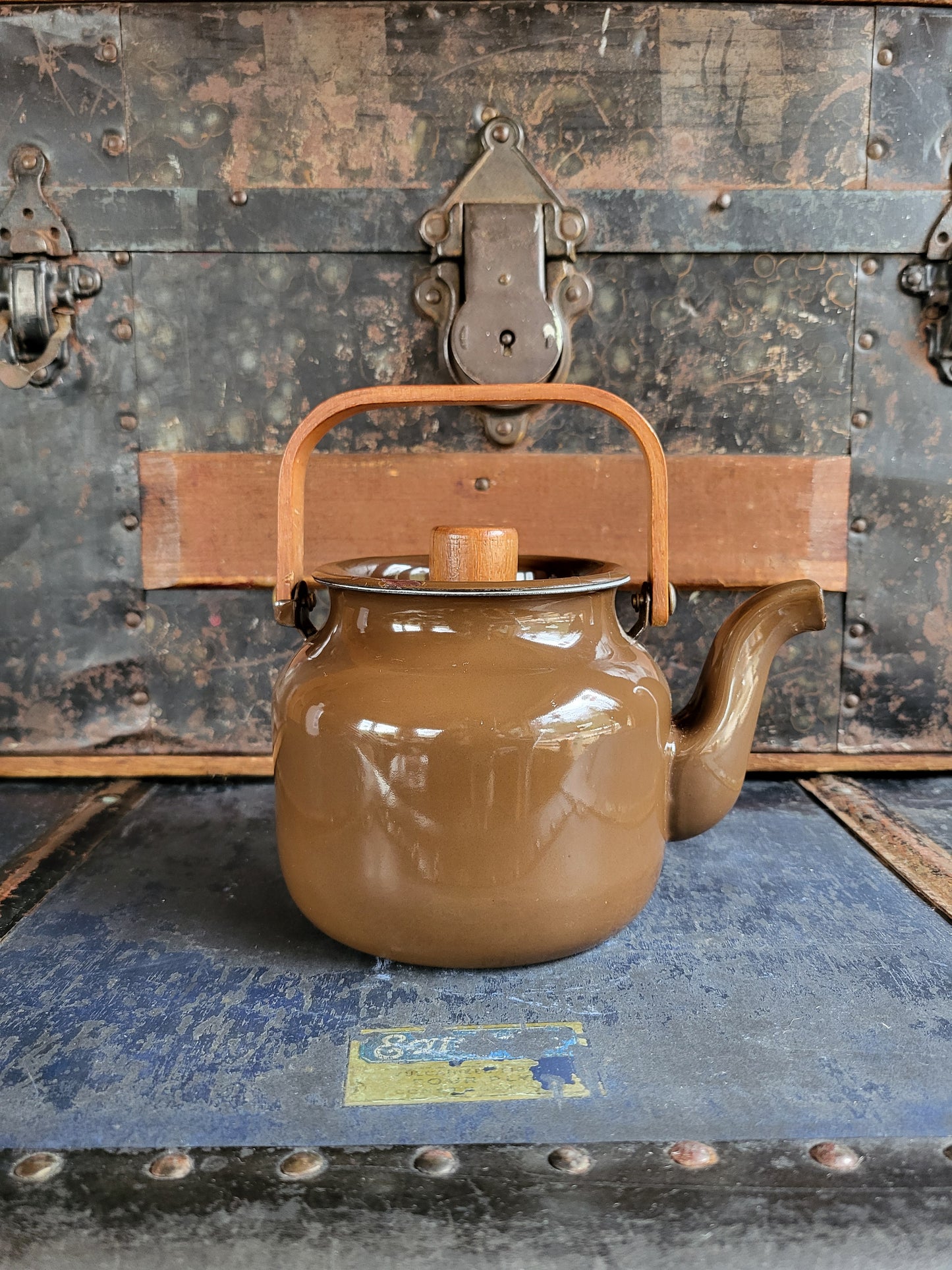 Vintage Brown Enamel Teapot with Teak Wood