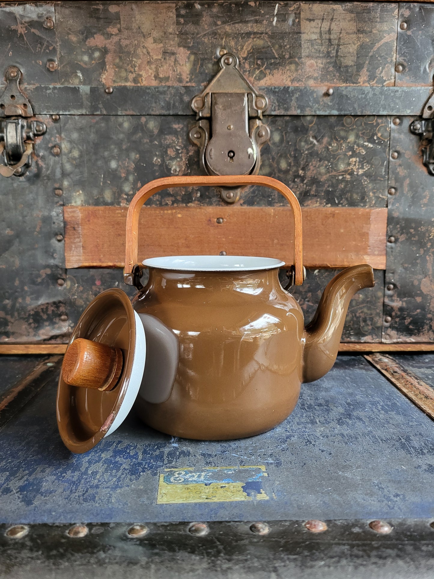 Vintage Brown Enamel Teapot with Teak Wood