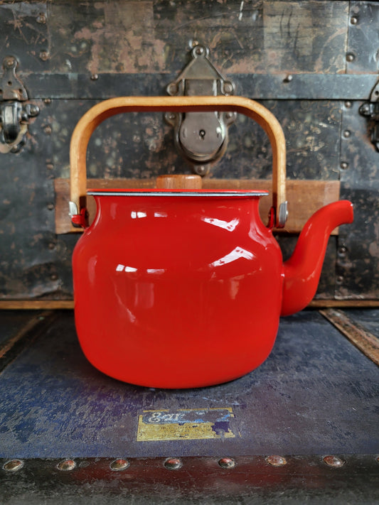 Vintage Red Enamel Teapot with Teak Wood