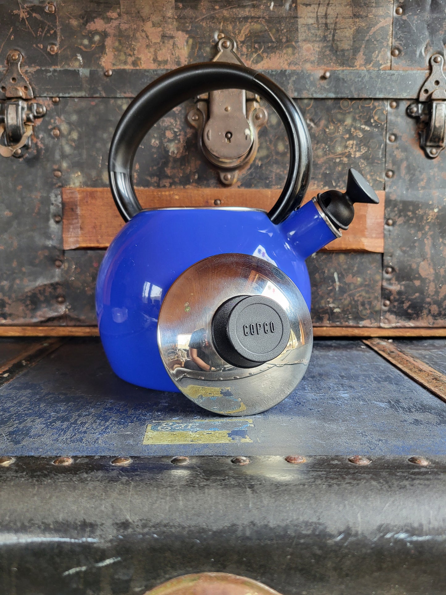 Vintage Blue Enamel Copco Whistling Kettle