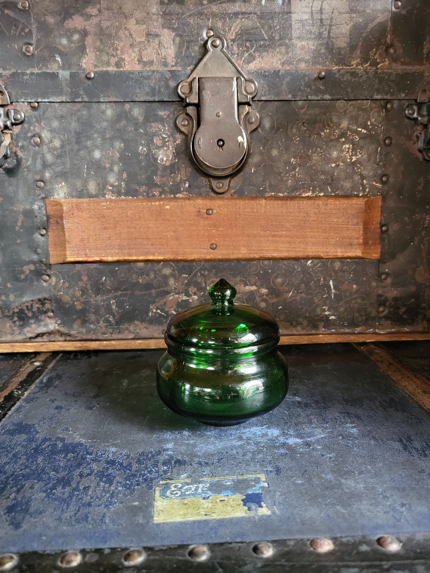 Vintage GLass Jar with Lid in Emerald Green 4"