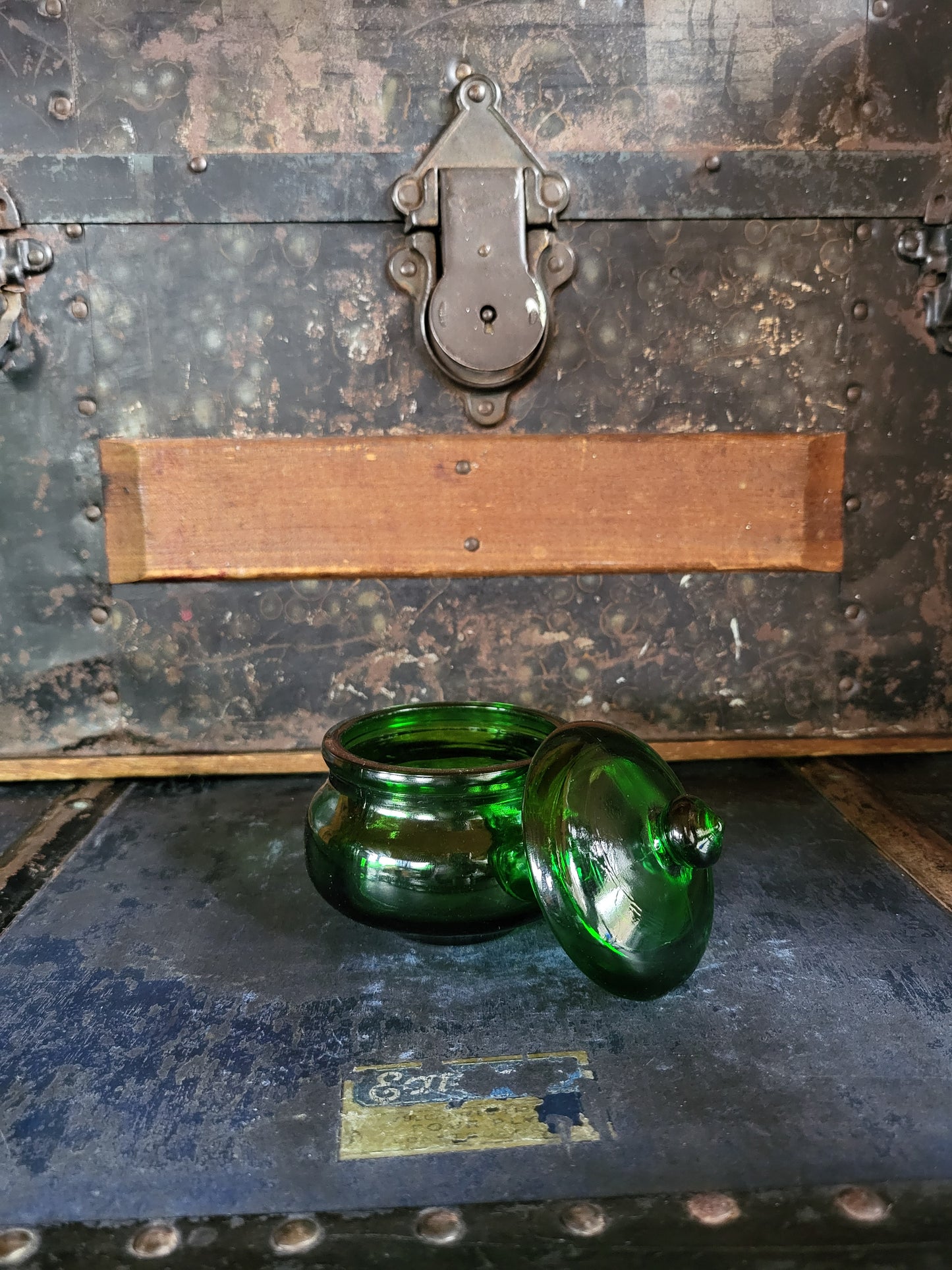 Vintage GLass Jar with Lid in Emerald Green 4"